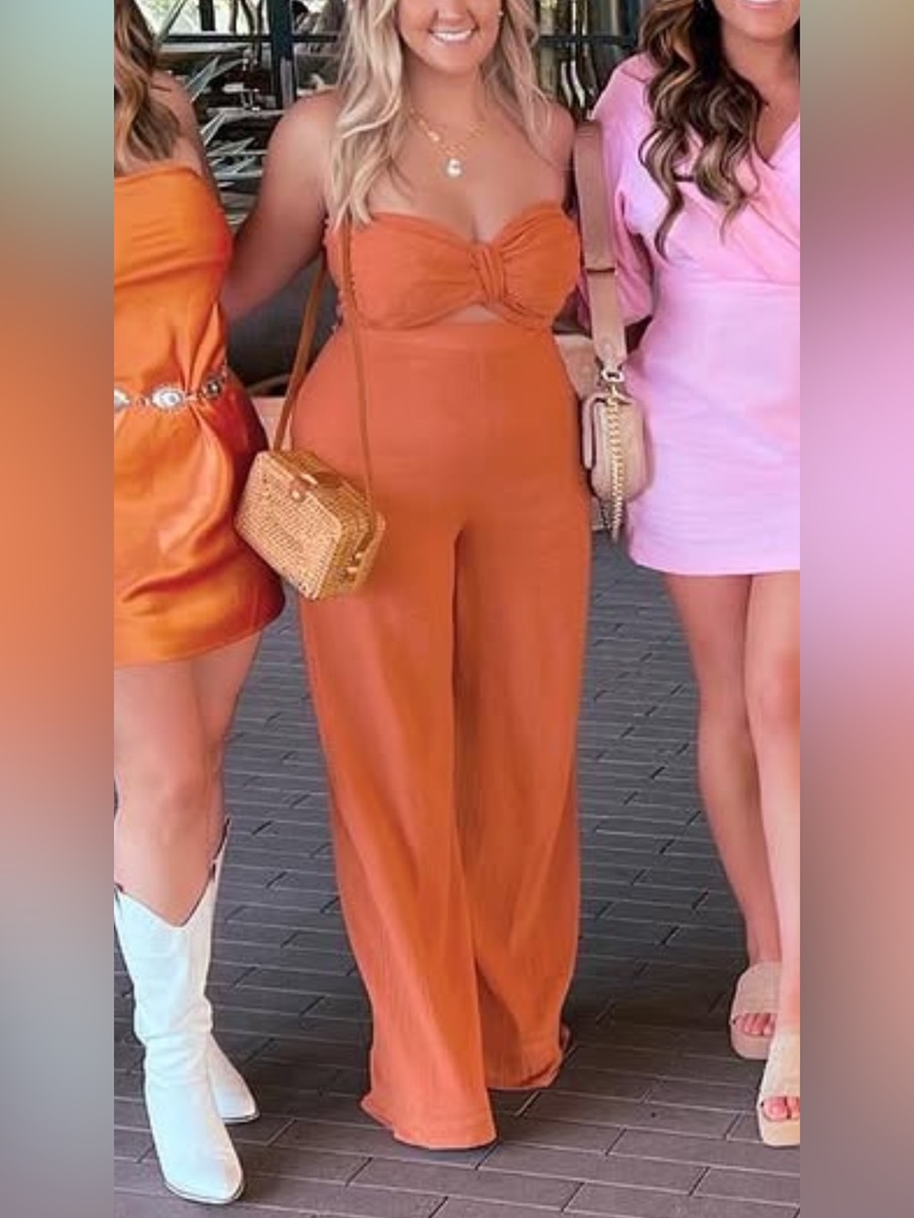 PrettyLittleThing Rust Orange Strapless Wide-Leg Jumpsuit
